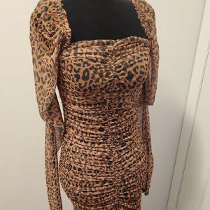 Leopard Print Mesh Ruched Mini Dress (US 6)